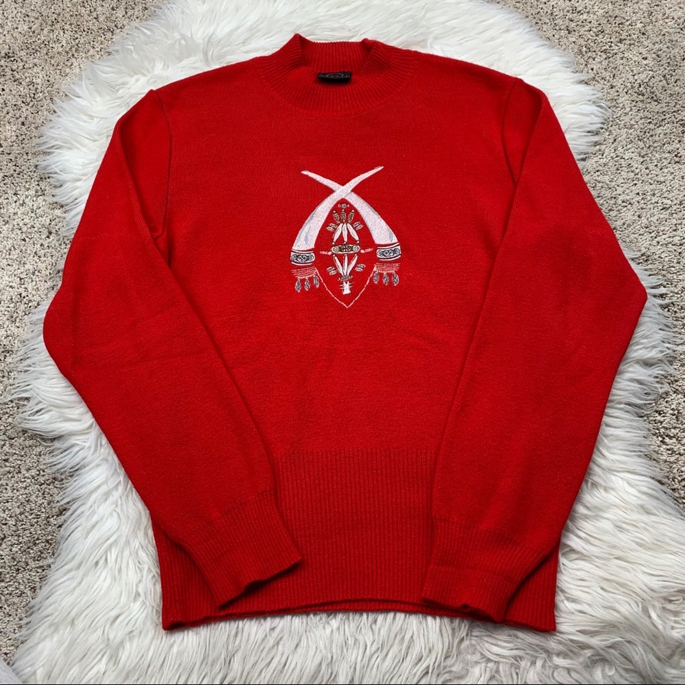 Bogner Red Crewneck Sweater with White Embroidered Motif